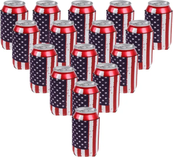 16 Pcs American Flag Beer Can Coolers 17 Oz Independence Day Collapsible Soda Cover Coolies Patriotic Sublimation Sleeves for Weddings, Bachelorette Parties Funny HTV Party Favors (Multicolor, 16)