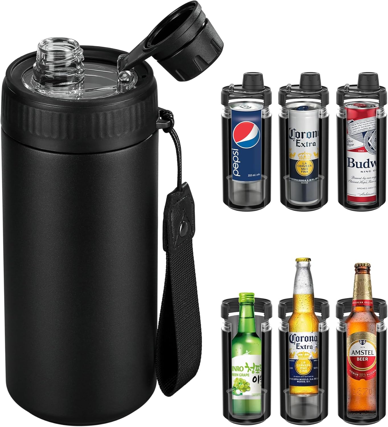 Universal Can Cooler, Fits All - For Regular 12 & 16 oz or Slim-Size Bottles - 48-Hour Fizz Retention - 24-Hour Ice-Cold - Double-Walled Stainless Steel (Black)