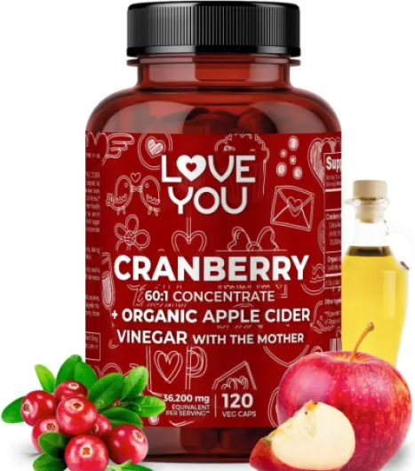 Cranberry 60:1 Extract + Organic Apple Cider Vinegar – Max Strength 36,200 mg Equivalent – 120 Vegan Capsules – Urinary Tract & Digestive Support