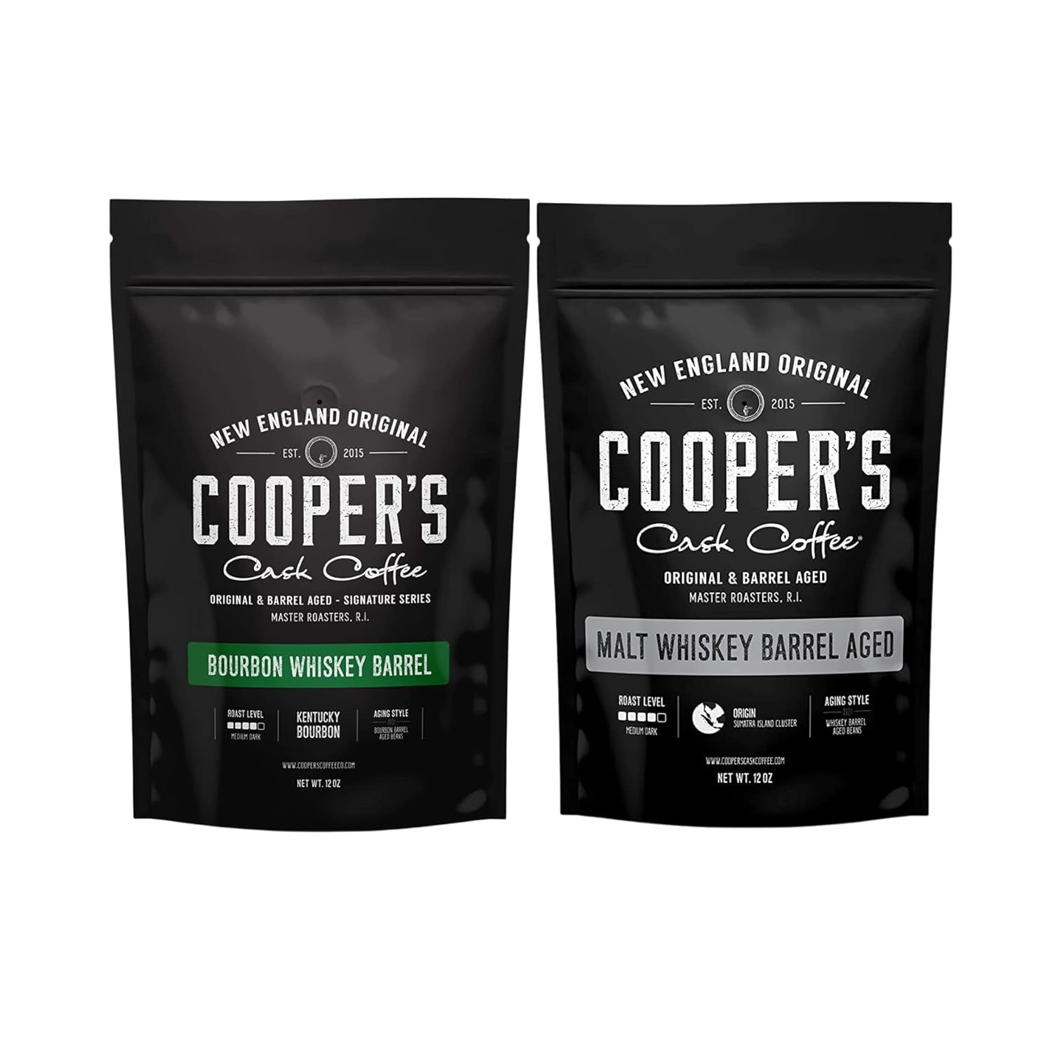 Bourbon Whiskey - Colombian Coffee Beans Aged in Kentucky Bourbon Whiskey Barrels - 12oz and Single-Malt Whiskey - Sumatra Coffee Beans Aged in Stout Whiskey Barrels - 12 oz