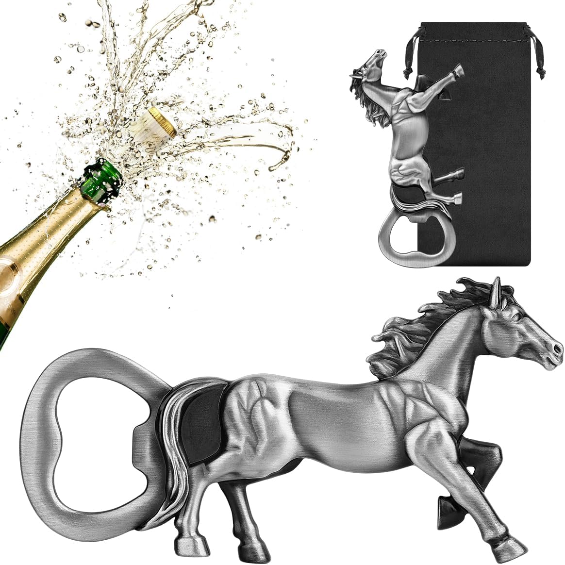 Horse Beer Bottle Opener, Equestrian Gifts Horse Gifts for Women Men, Ideal for Race Day Birthday Christmas Holiday Home Decor, Silver beer accessories with Bag Metallic Silver