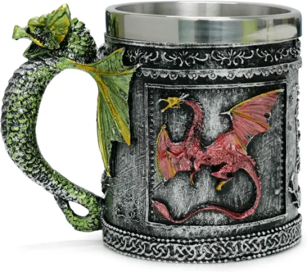 Medieval Roaring Dragon Mug, 15 oz Dungeons and Dragons Beer Stein Tankard Drink Cup, Stainless Coffee Mug for GOT Dragon Lovers Collector Ideal Novelty Gothic Gift Party Decoration