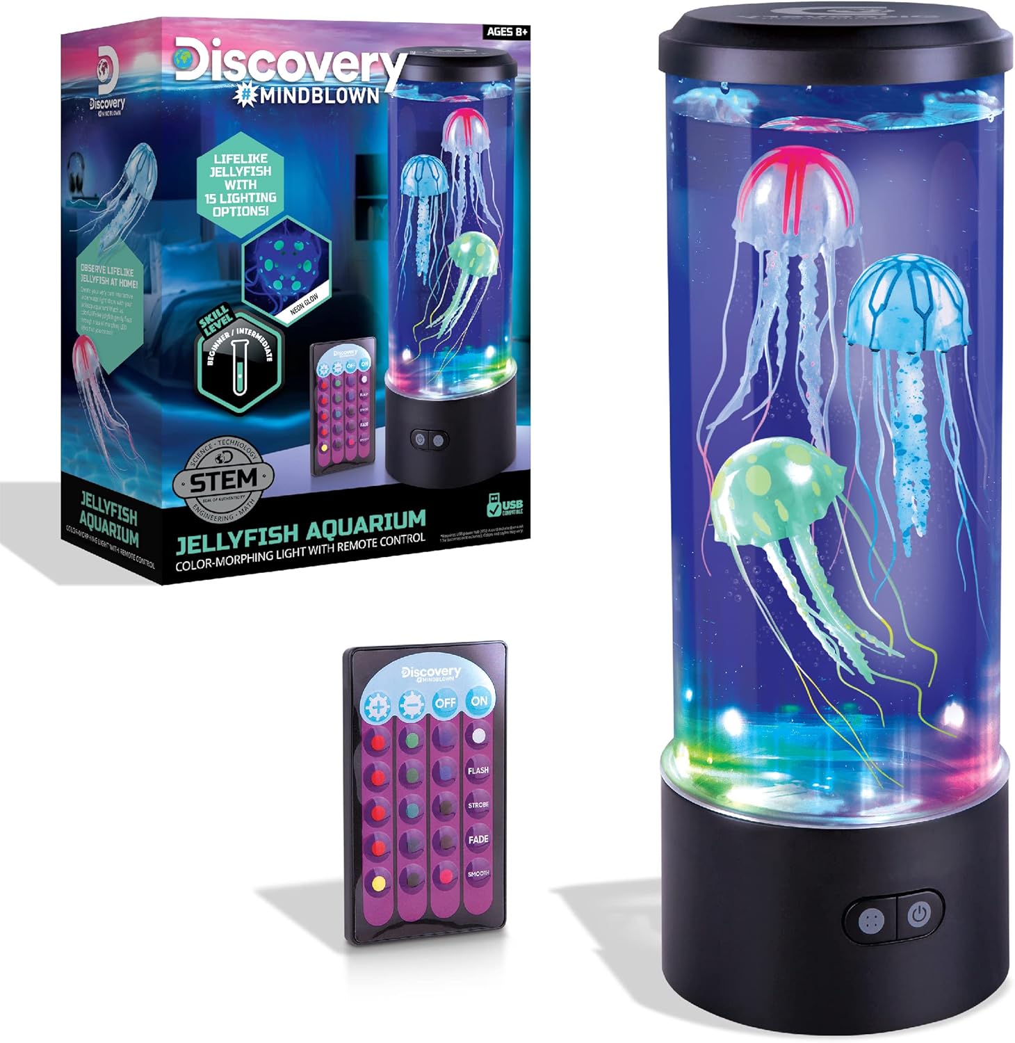 Discovery™ Jellyfish Aquarium Lamp – Color‑Morphing LED Bedroom Night Light with Remote- 15 Light Options- Lifelike Floating Jellyfish- Kids Science Toy- Educational Learning Gift- Ages 8+