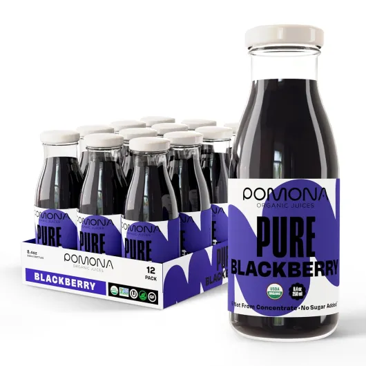 Pomona Organic Blackberry Juice (Pack Of 12), Cold Pressed USDA Organic Juices, 100% Blackberries, No Added Sugar, Not From Concentrate, Vegan, Kosher, Non GMO, Pasteurized, 8.4 Oz Glass Bottles