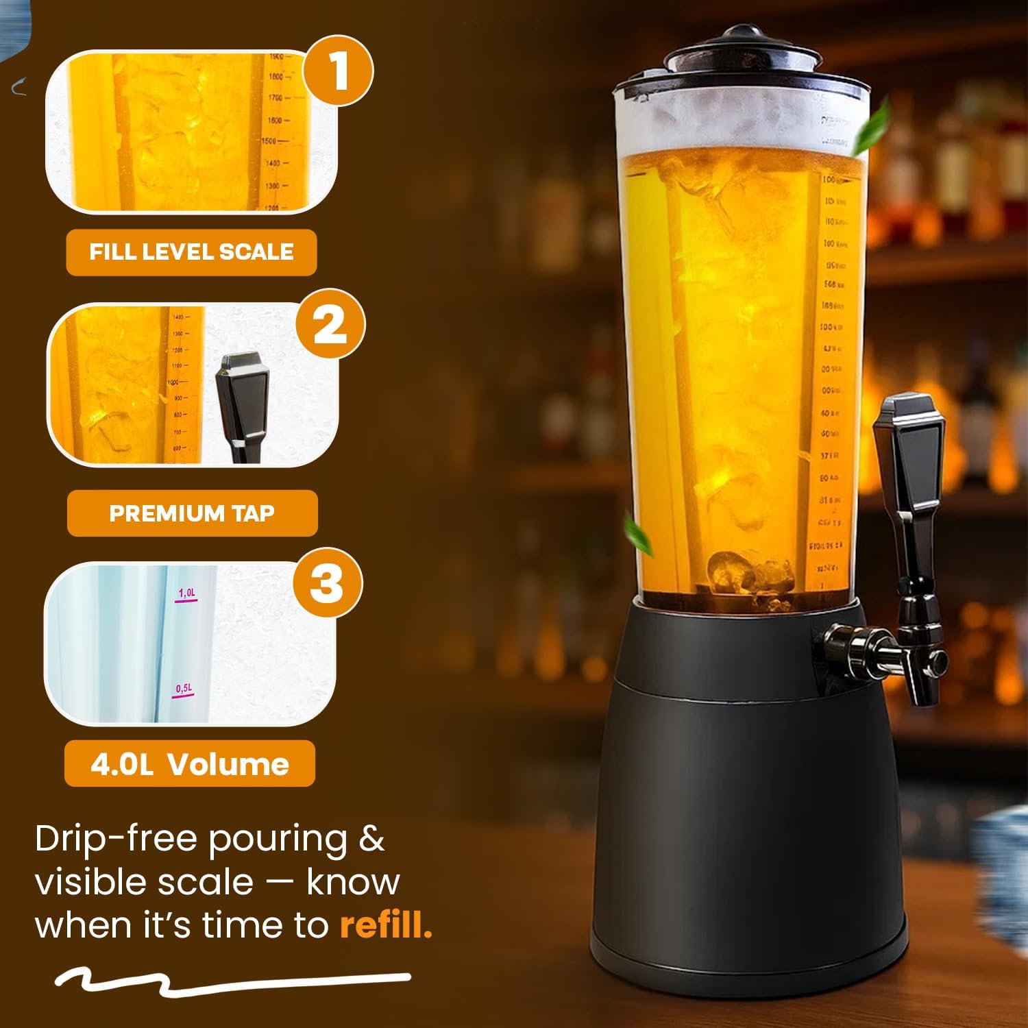Beer-Tower XXL Drinks & Beverage Dispenser with Tap 4.0 litres with Ice Cooler - Beer Column from Bavaria (Black)