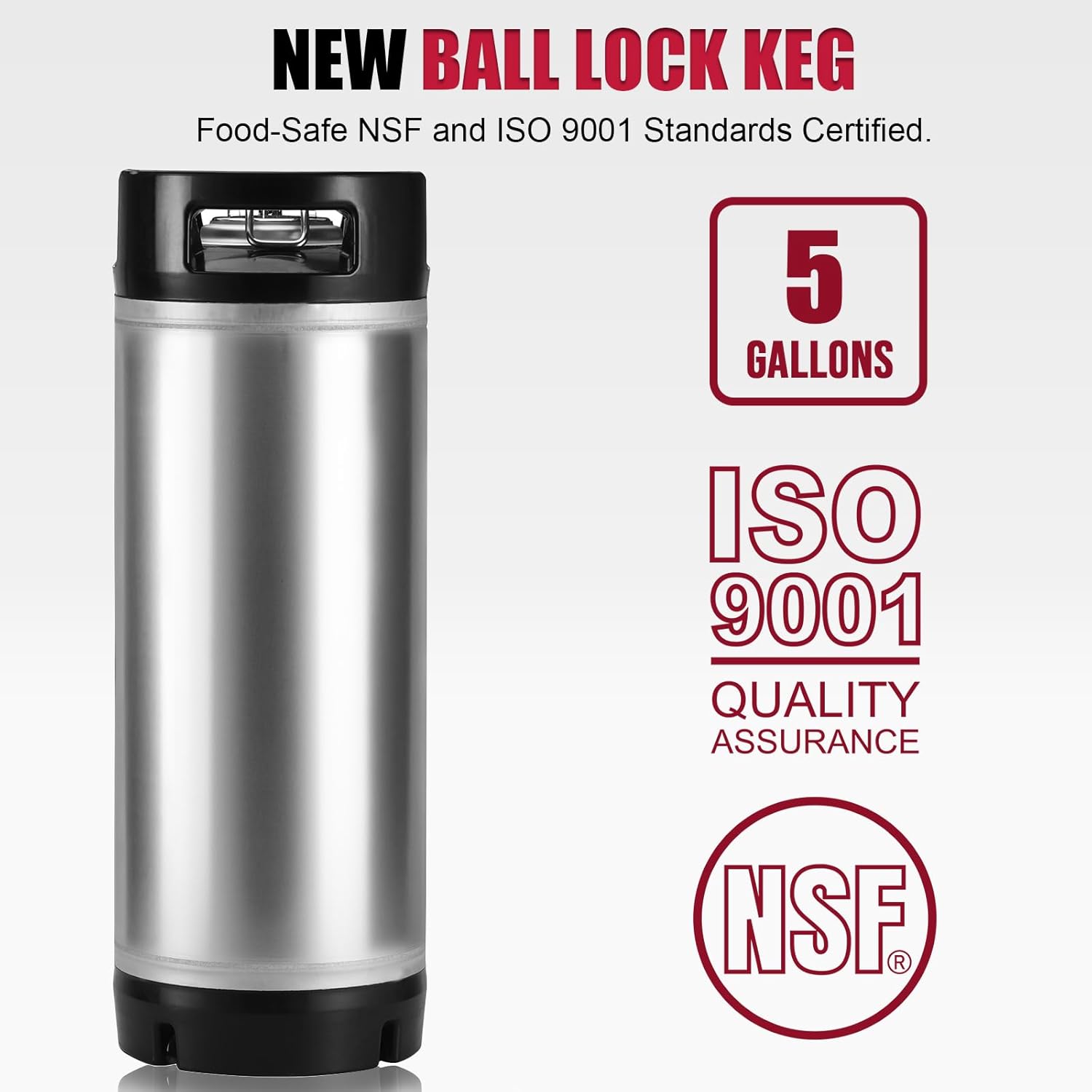 New 5 Gallon Keg Corny Keg, Stainless Steel Cornelius Keg with Ball Lock Keg Fittings, 5 Gallon Beer Keg with Dual Rubber Handle, Ball Lock Keg for Home Brewing