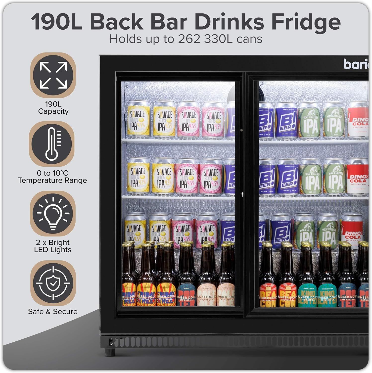 Baridi Back Bar Drinks Fridge/Cooler with Double Sliding Doors, 190L Capacity - DH273
