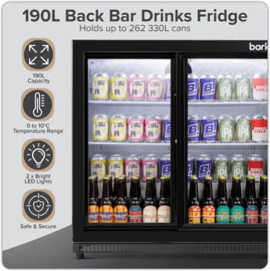 Baridi Back Bar Drinks Fridge/Cooler with Double Sliding Doors, 190L Capacity - DH273