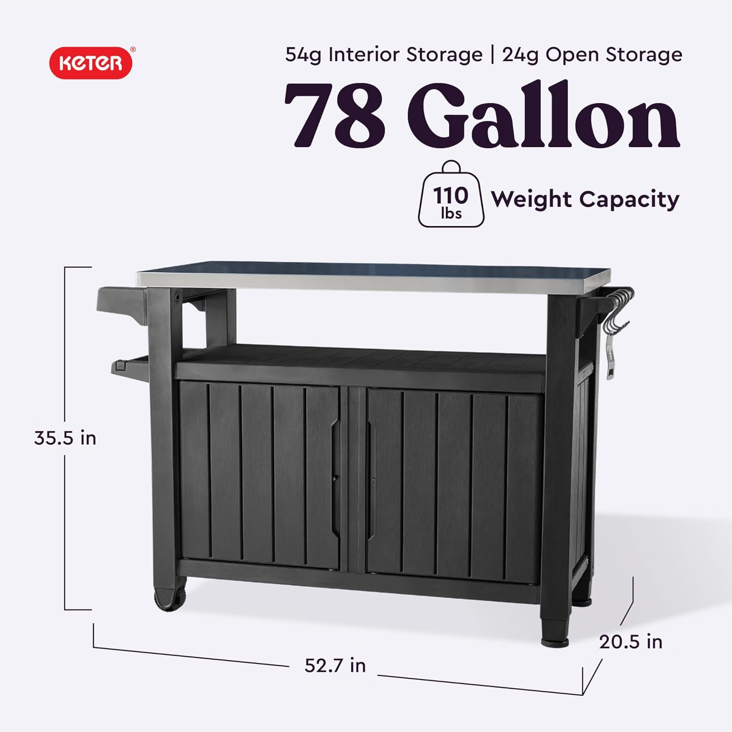 Unity XL Outdoor Portable Table and Storage Cabinet with Hooks for Grill Accessories Stainless Steel Top for Patio, Kitchen, Island or Bar Cart, Dark Grey