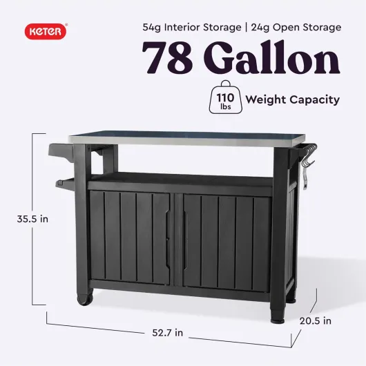 Unity XL Outdoor Portable Table and Storage Cabinet with Hooks for Grill Accessories Stainless Steel Top for Patio, Kitchen, Island or Bar Cart, Dark Grey