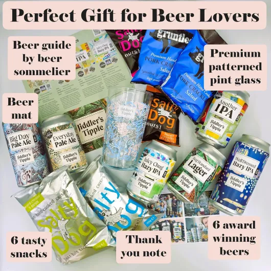 Jiddler's Tipple Craft Beer & Snacks Gift Hamper for Men - The Ultimate Birthday Present - The Best Dad Gifts & Husband Gift Basket - 14 Pack Gift Hamper Basket 14 Pack - Gold Gift Set