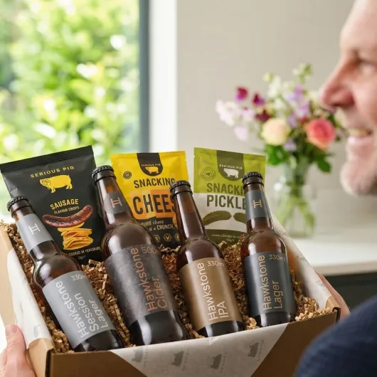 Serious Pig + Hawkstone Gift Set with Glassware and Gourmet Pub Snacks (15 Pack)