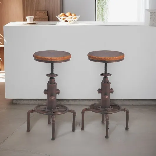Antique Vintage Industrial Barstool Solid Wood Water Pipe Fire Hydrant Design Cafe Coffee Industrial Bar Stool Set of 2 Copper