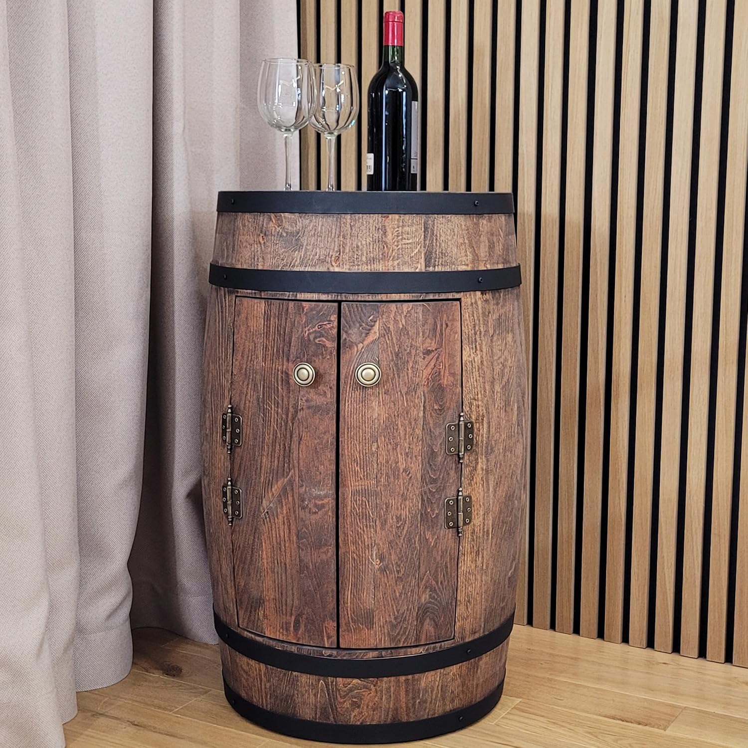 Weeco Barrel Bar with Door and Wine Rack RGB LED Lighting Home Bar Wine Rack 80 x 50 cm Rustic Decorative Bar Cabinet Wine Stand Draught Beer Whisky Bar Bottle Stand