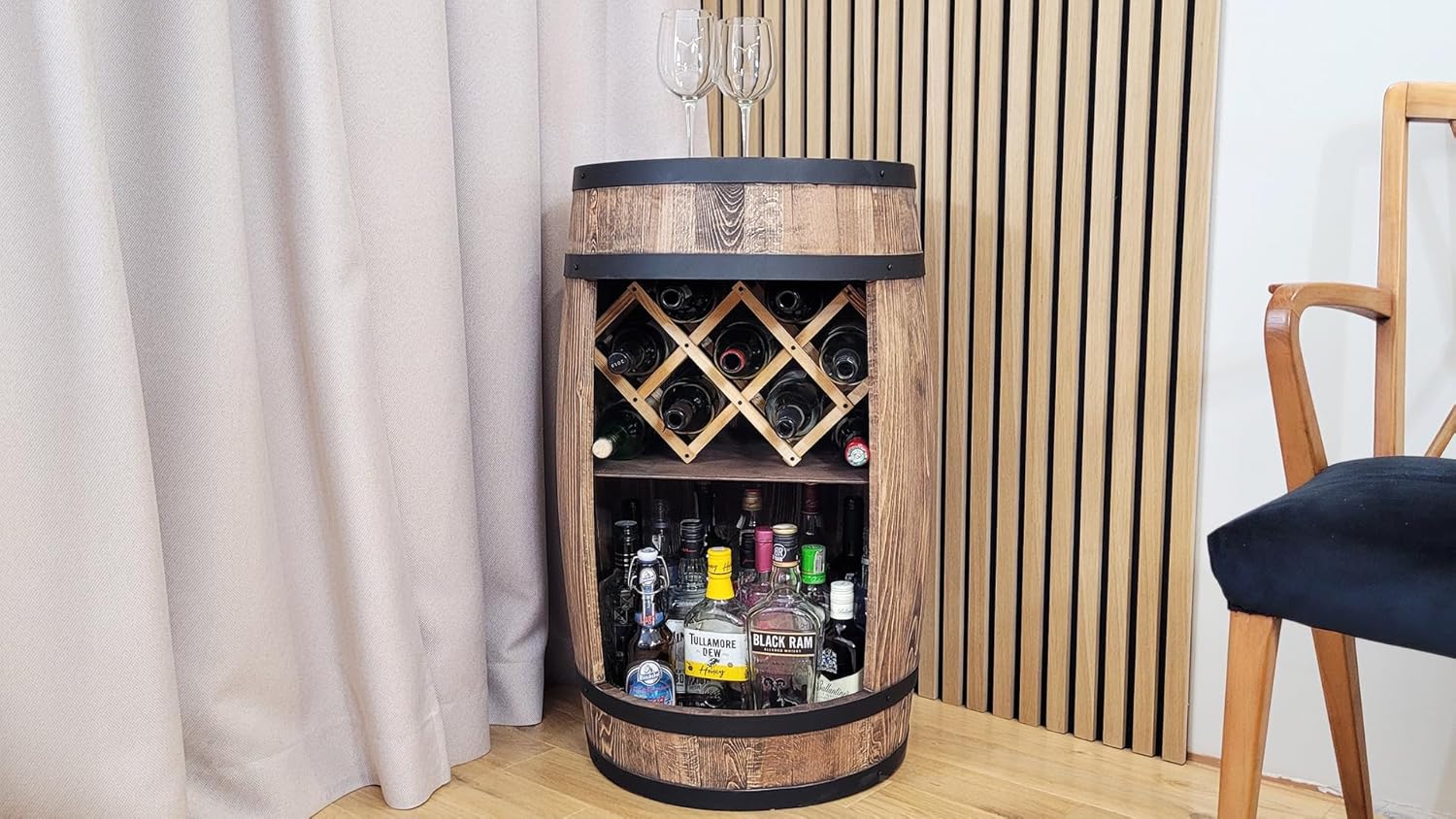 Weeco Barrel Bar with LED Lighting and Wine Holder Wine Rack - Wooden Barrel Home Bar 80 cm Rustic Decorative Bar Cabinet Wine Stand - Barrel Beer Wine Bottle Stand - Bar Whisky Gift (Dark Brown) Wenge
