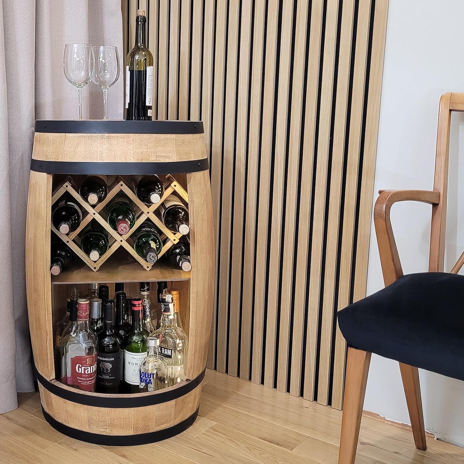 Weeco Barrel Bar with Wine Holder Wine Rack - Wooden Barrel Home Bar 80 cm Rustic Decorative Bar Cabinet Wine Stand - Barrel L.E.D - Draft Beer, Wine Bottle Stand - Bar Whisky Gift (Light Brown) Oak