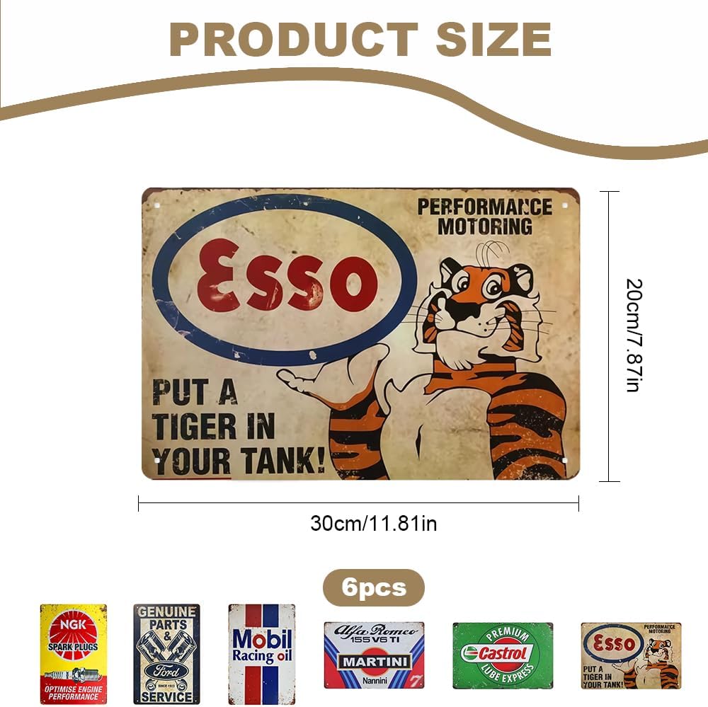 Set of 6 Vintage Metal Signs (20 x 30 cm) Tin Signs - Retro Wall Decoration for Garage, Workshop, Bar - Classic Automotive Wall Art color 1
