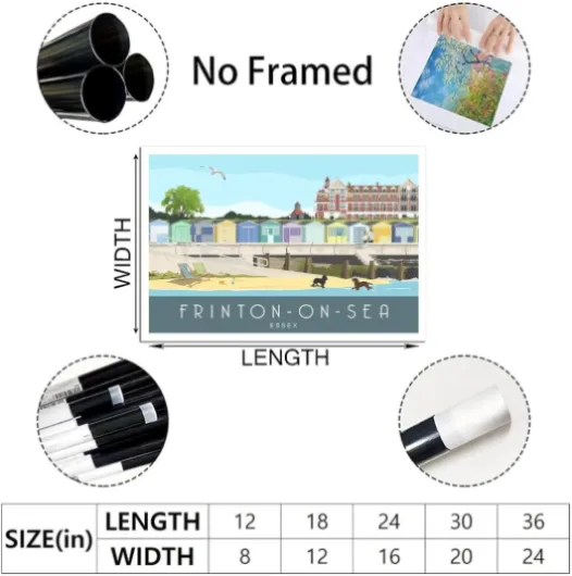 UEJD Vintage Frinton-On-Sea Essex Travel Poster Huts Decorative Posters Modern Bedroom Canvas Art Poster Picture Painting Posters Wall Decor Art Gift 45.7L x 30.5W cm Unframe-style