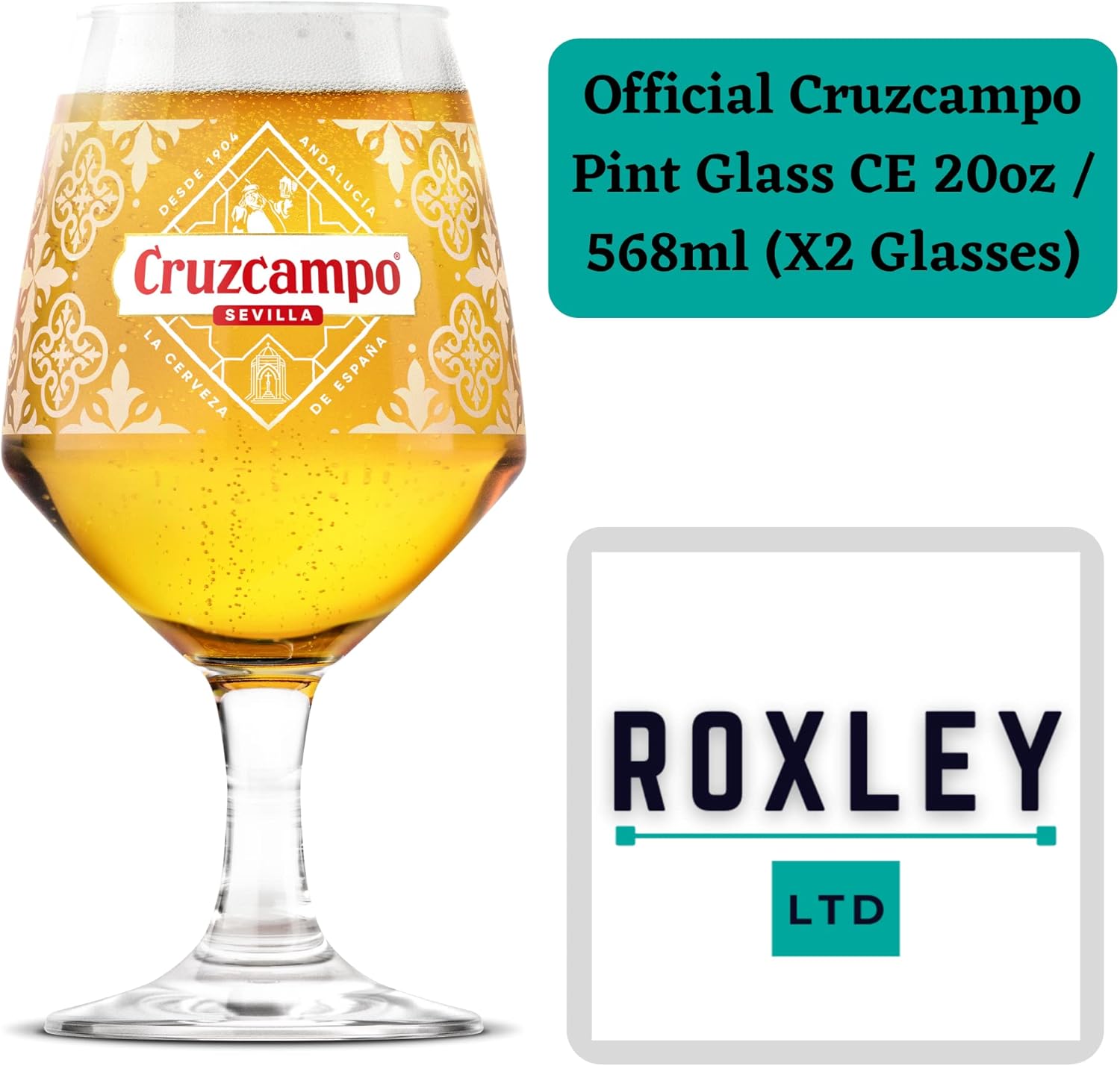 Roxley - Cruzcampo Pint Beer Lager Glass Glasses X2 - Lager Beer 56Cl Size Glass Man Cave - Made in UK