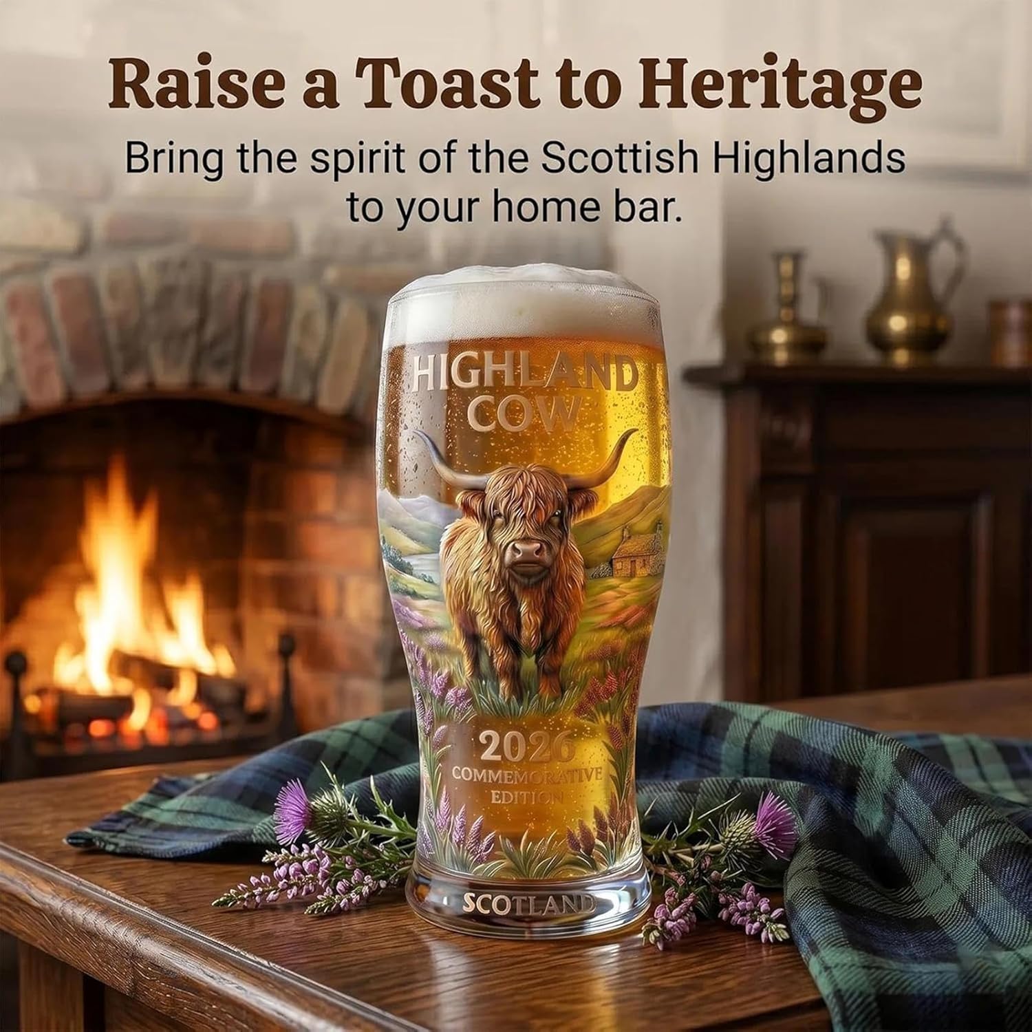 2026 Highland Cow Commemorative Glass, Premium Glass Cup with Embossed Highland Landscape Design, for Beer, Souvenir Gift, Limited Edition Collector Gift (#All)