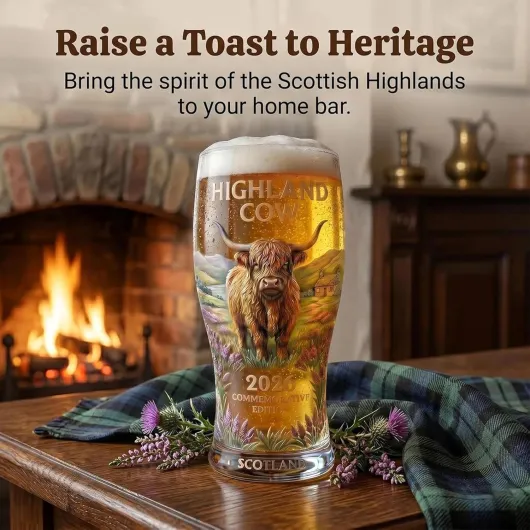 2026 Highland Cow Commemorative Glass, Premium Glass Cup with Embossed Highland Landscape Design, for Beer, Souvenir Gift, Limited Edition Collector Gift (#All)