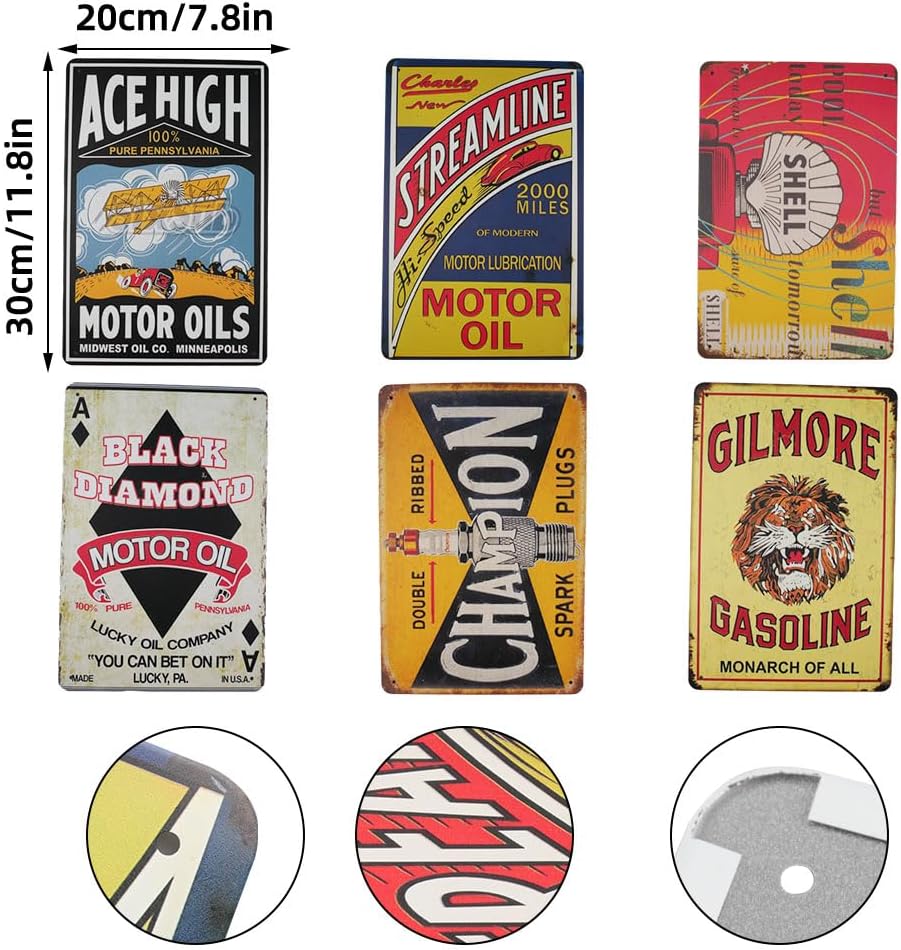 Doafoce Vintage Metal Signs 20 x 30 cm Retro Tin Painting Metal Pictures Wall Art Posters for Garage & Man Cave Pub Accessories Home Bar Workshop Decor (6pcs)