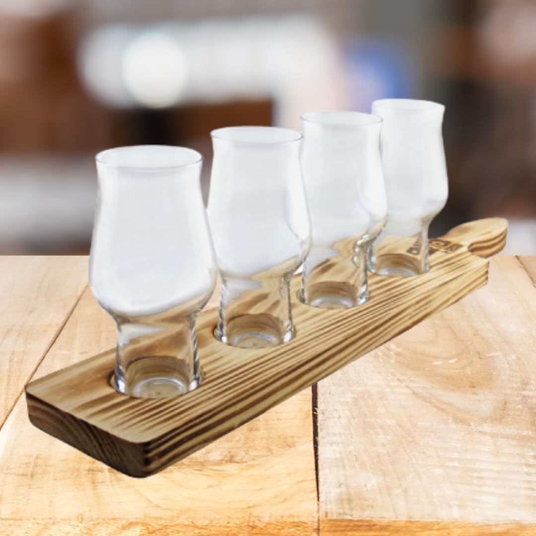 Rastal Beer Flight with Wooden Serving Paddle Gift Set - 4 x 195ml Tasting Glasses with Premium Wooden Paddle Tray - Gift for Craft Beer Lovers, Home Bars & Tasting Events by Beerhunter