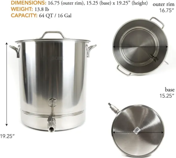 GasOne 16 Gallon Stainless Steel Home Brew Kettle Pot Pre Drilled 4 PC Set 64 Quart Tri Ply Bottom for Beer Brewing Includes Stainless Steel Lid Ball Valve, Thermometer, Spigot - Home Brewing Supplies 64 QT/16 GALLON