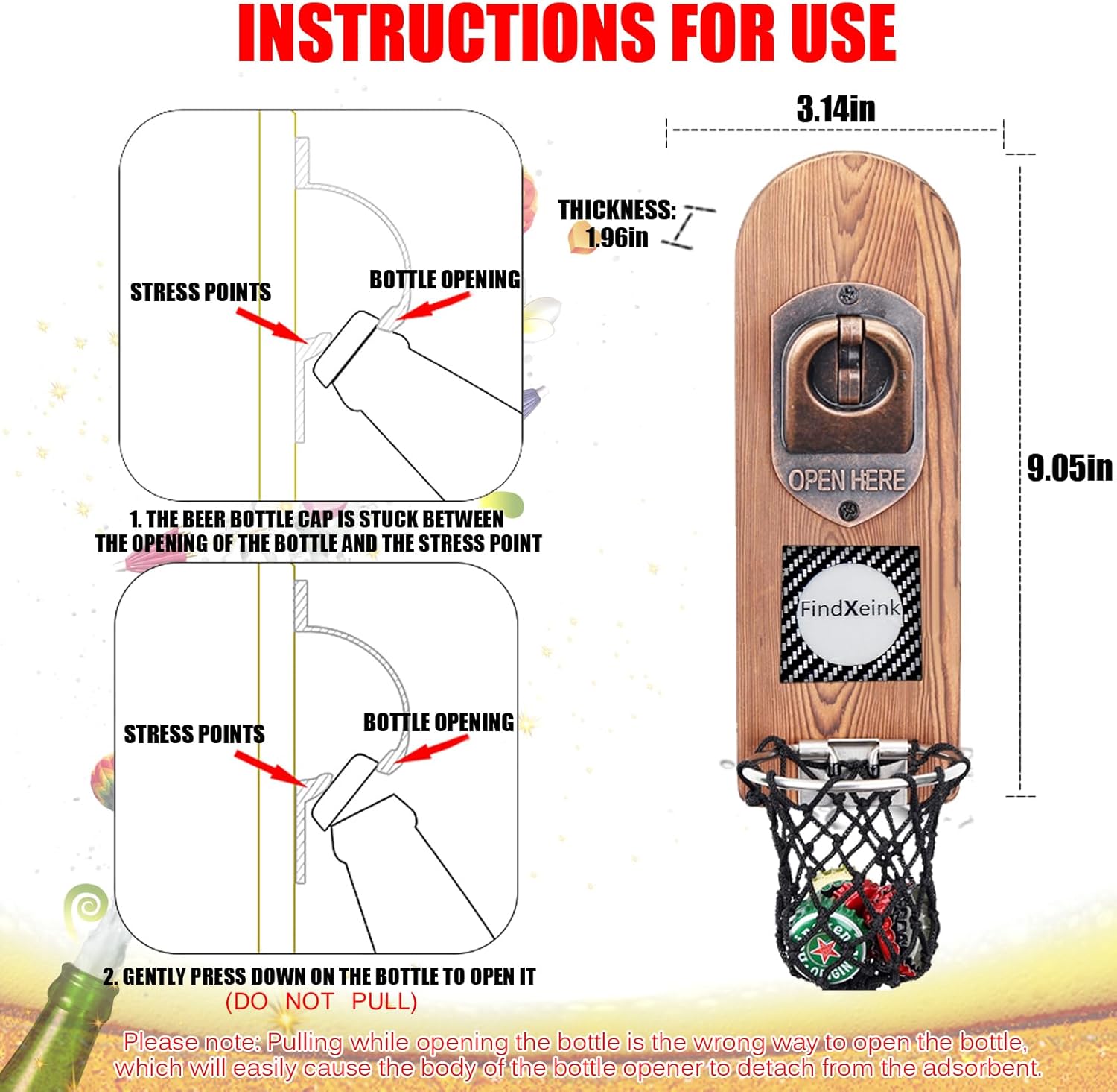 ZONSUSE Wooden Beer Bottle Openers with Magnetic Catcher, Personalised Traceless Bottle Opener Wall Mounted, Home Bar Accessories for Kitchen, Garden, Outdoor, Ideal Beer Gifts for Men (Style 7)