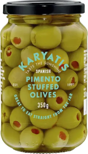Green Olives Stuffed with Pimento in Brine (Pack of 6 x 350g Jars)