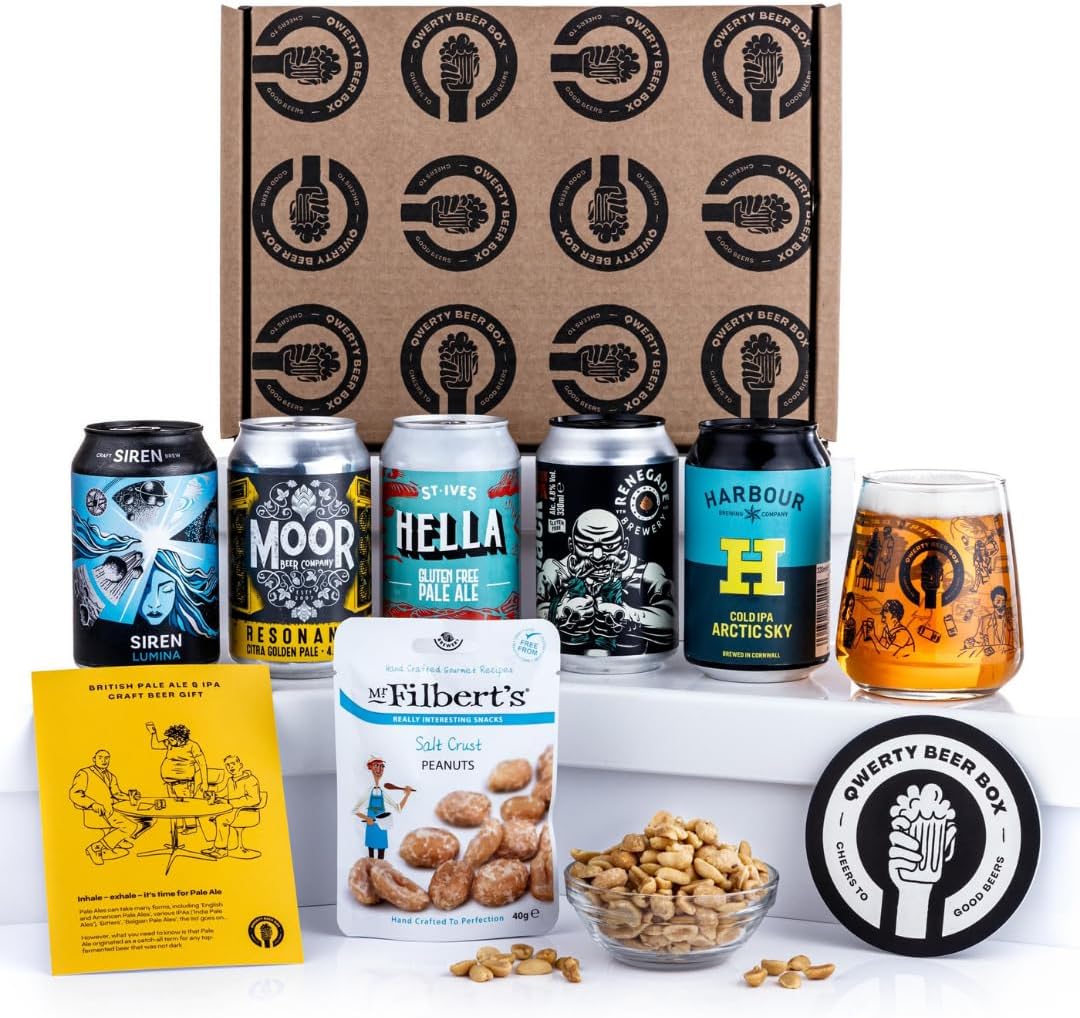 Premium Father's Day Craft Beer Gift - Craft Pale Ale/IPA Beer Gift Hamper - 5 Independent British Craft Beers, a Snack and QWERTY Beer Box Tasting Glass to make a great Gift for Men Pale Ale + IPA Gift Father's Day