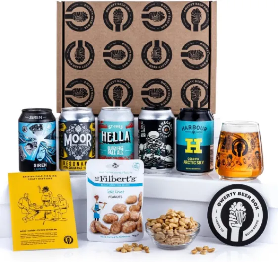 Premium Father's Day Craft Beer Gift - Craft Pale Ale/IPA Beer Gift Hamper - 5 Independent British Craft Beers, a Snack and QWERTY Beer Box Tasting Glass to make a great Gift for Men Pale Ale + IPA Gift Father's Day