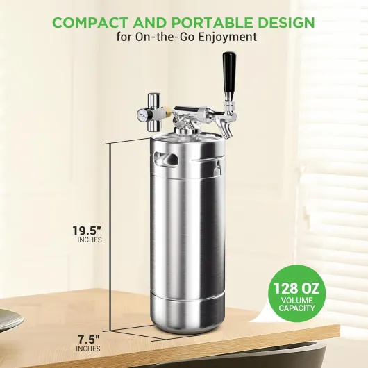 Pressurized Growler Tap System - Stainless Steel Mini Keg Dispenser Portable Kegerator Kit - Co2 Pressure Regulator Keeps Carbonation for Craft Beer, Draft and Homebrew - PKBRTP100.5 (128oz)
