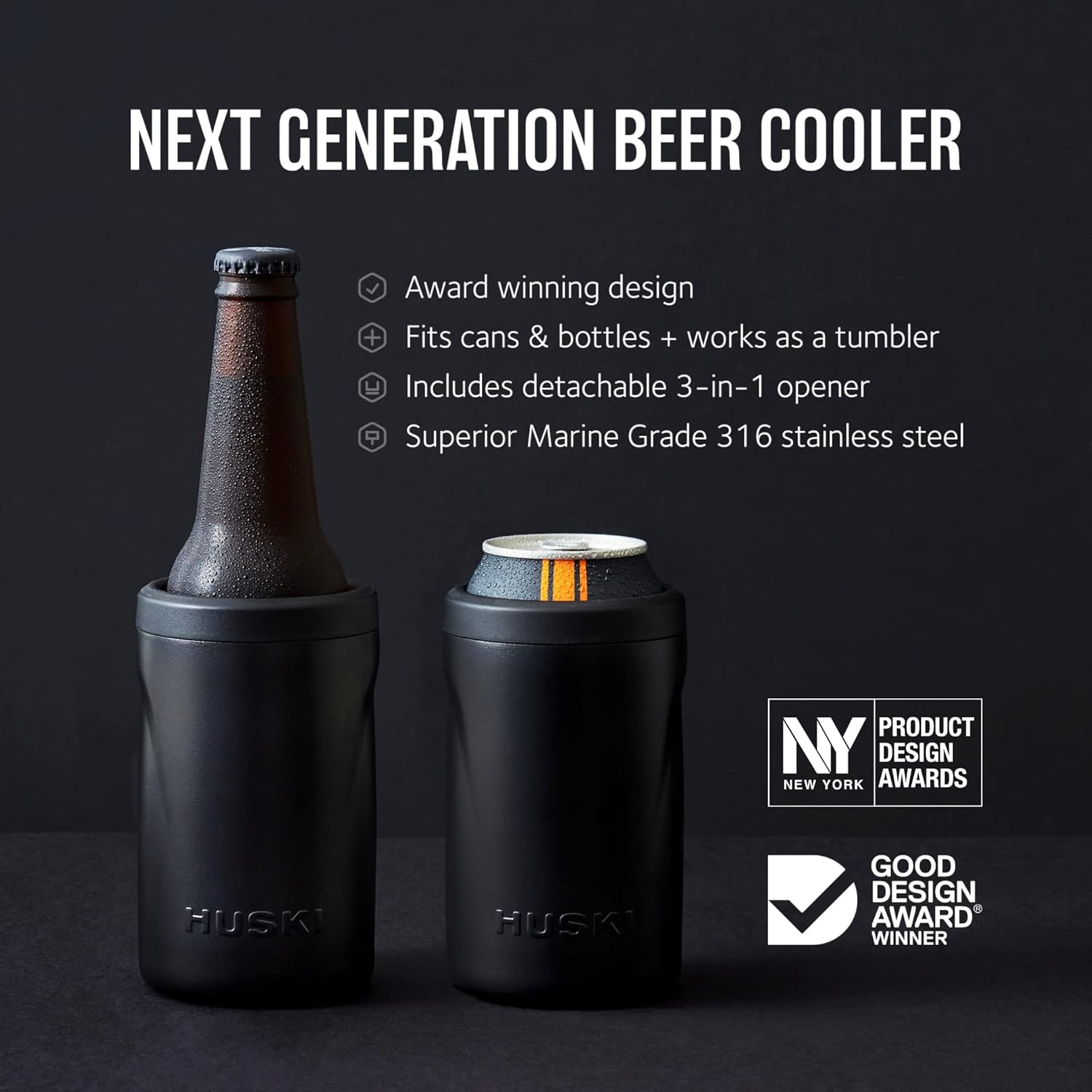 Beer Cooler 2.0 - New - Premium Can and Bottle Holder - Triple Insulated Marine Grade Stainless Steel - Detachable 3-in-1 Opener - Works as a Tumbler - Best Gifts for Beer Lovers (Stainless) Brushed Stainless