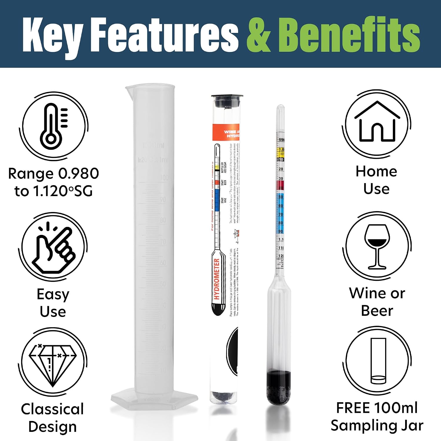 Home Brew Hydrometer with Included 100 Millimeter Trial Sampling Jar - Home Brew Equipment for Wine and Beer Making Testing Kit and Brewing Your Own Homebrew