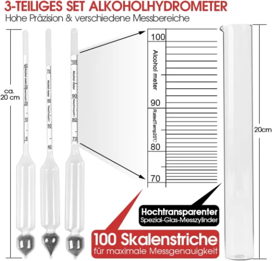 3 Pack Alcohol Hydrometer Includes Glass Cylinder Thermometer Detection of 0-100 vol% Concentration for Spirits Distilled Whiskey Vodka Cognac