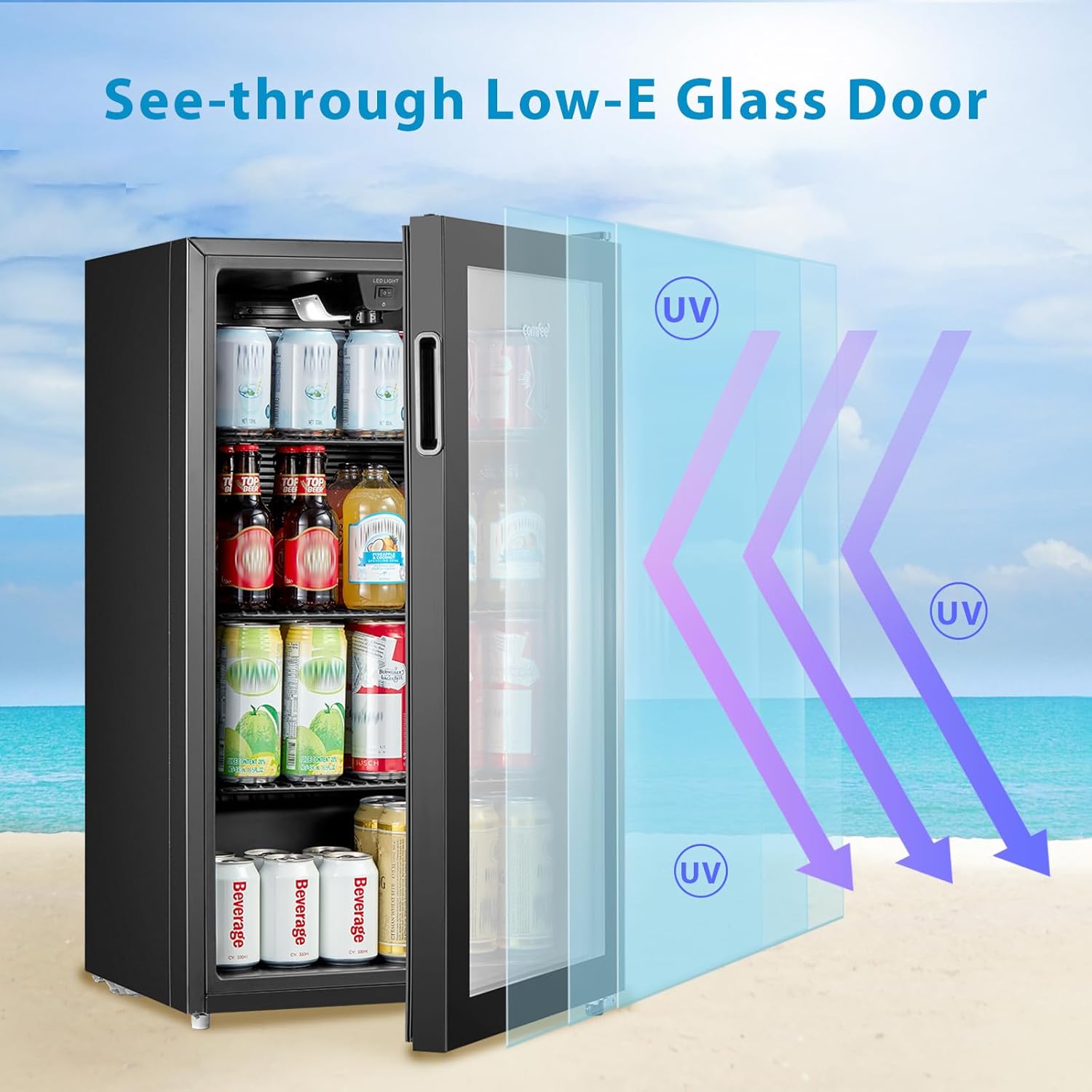' RCZ99BG2(E) Under Counter Beer & Drinks Fridge-93L Capacity,Holds up to 115 Cans, Premium Temperature Performance (2℃ to 15℃), Glass Door, Removable Shelves, LED Light, Low Noise E-class