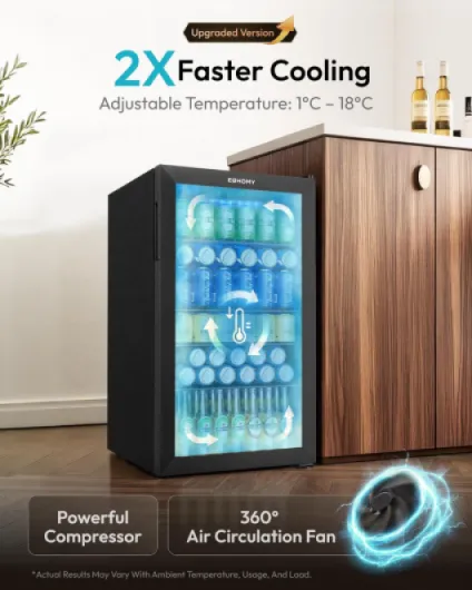 93L Drinks Fridge, 126 Can Beer Fridge with Glass Door, Wine fridge with Adjustable Shelves for Soda Beer or Wine, Home/Bar/Office, Black, Steel, One-Touch Control [Energy Class F] 126 Can Black